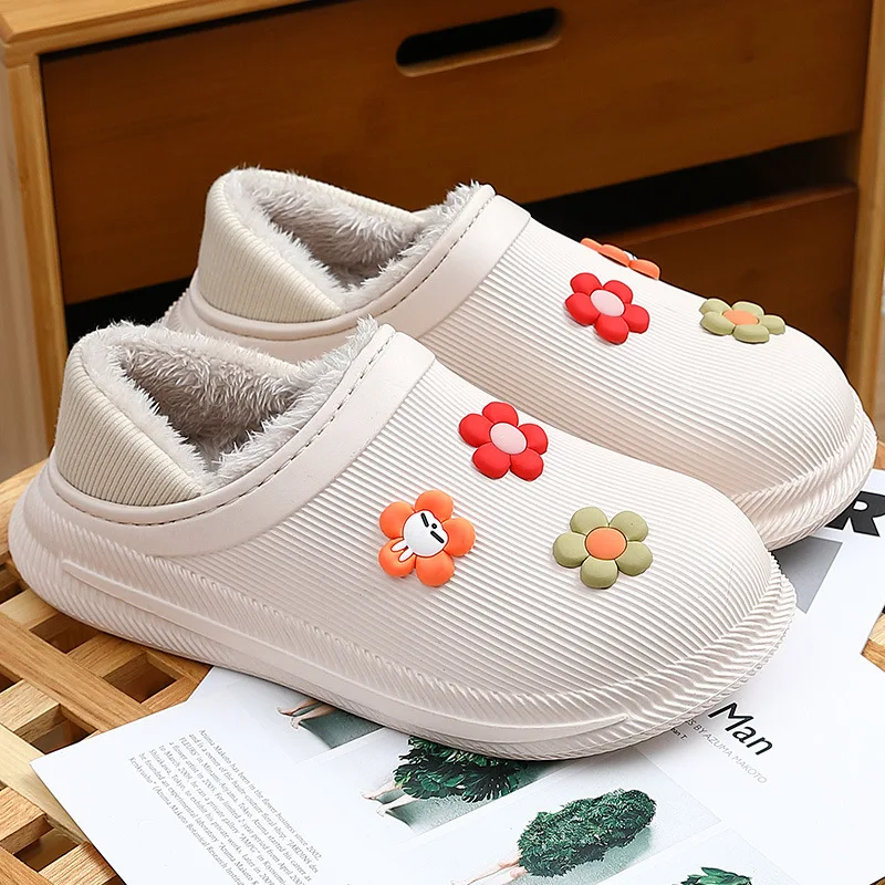 Cute Rabbit Winter Women Cotton Slippers Waterproof Warm Plush Non Slip  Home Slides Men Thick Sole Soft Indoor Couples Shoes