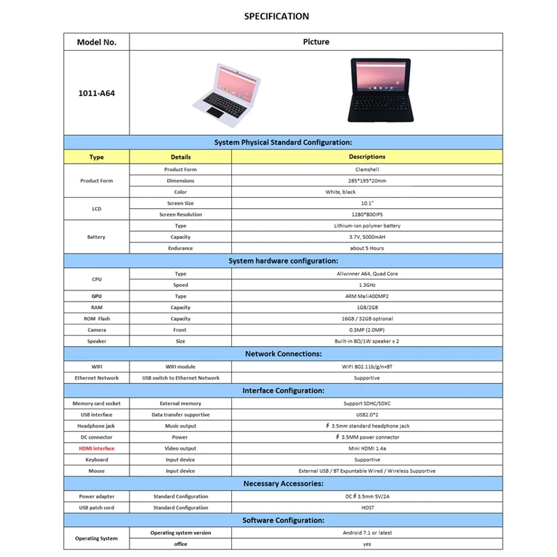 

10.1 Inch MINI Netbook Android 7.1 System 2G+32G 1500 (MHz) Thin and Light Portable Wireless Small Laptop