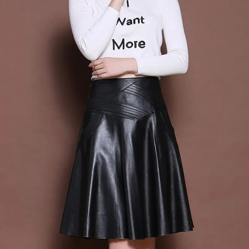 

Юбка-трапеция женская из натуральной овечьей кожи, до колена