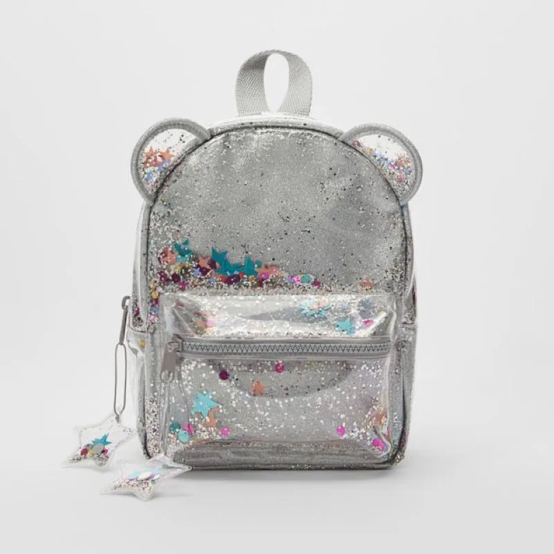 

Girl Backpack Silver Cat Ear Glitter Mini Casual Knapsack Ladies Cute Children Glitter Sequin Zipper Star Pendant Backpack