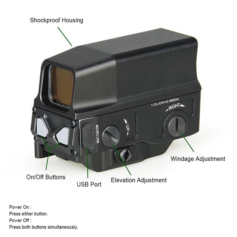 

UH-1 Optical Holographic Sight Red Dot Sight Reflex sight with USB Charge for 20mm Mount Airsoft Hunting Rifle Black