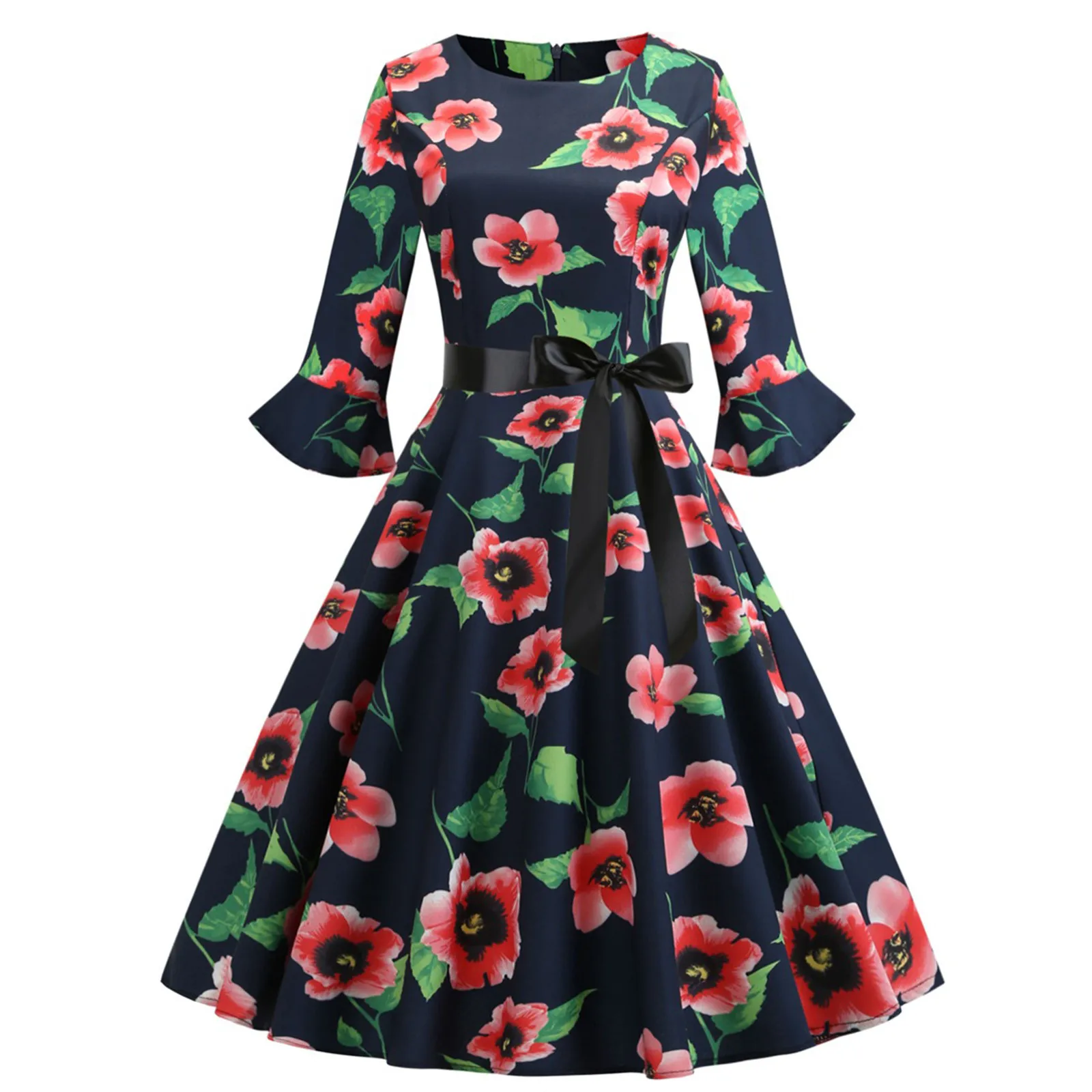 

Black Big Swing Flower Print Vintage Christmas Dress Women Autumn Winter Casual Long Sleeve O Neck Sexy New Year Party Dress