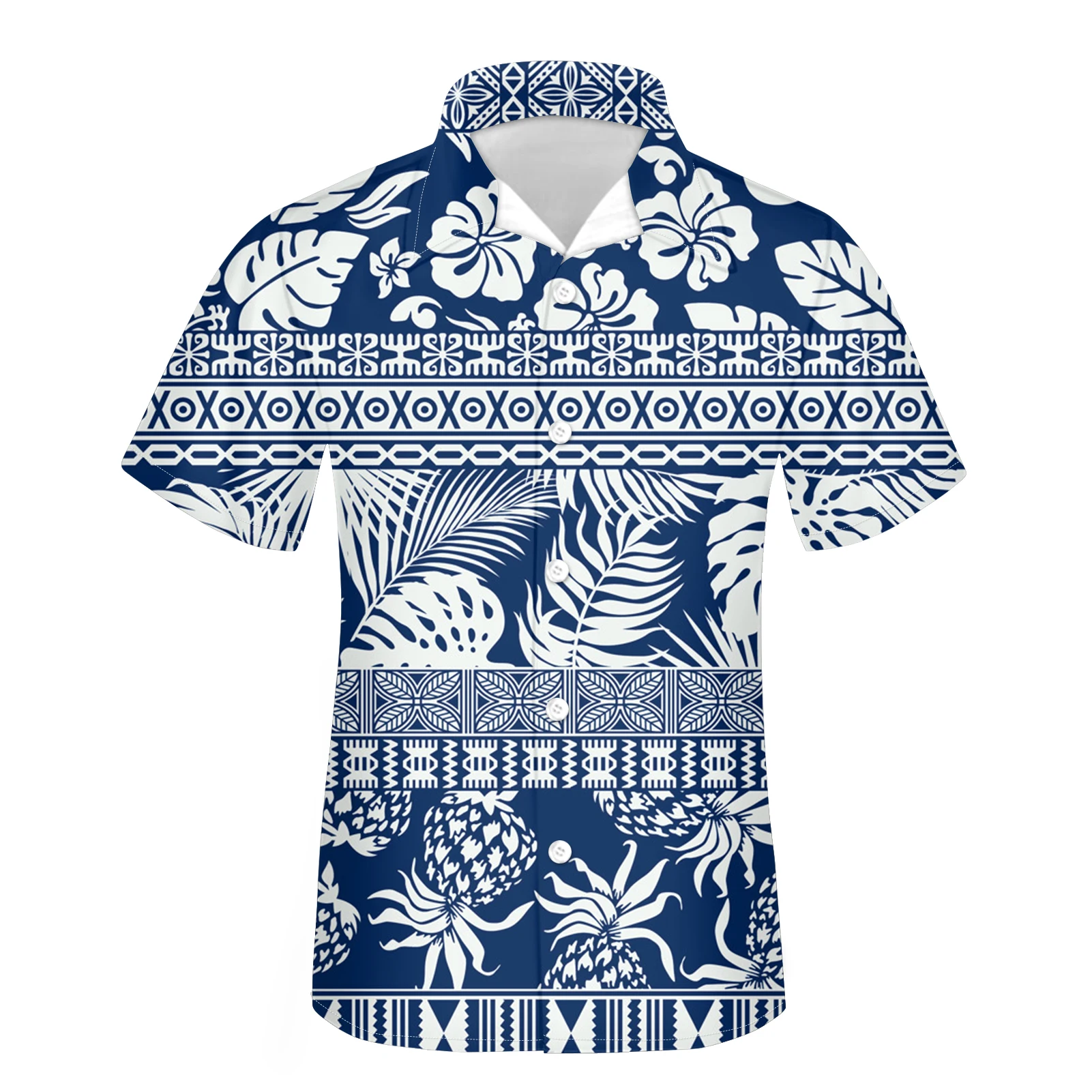 

FORUDESIGNS Male Stand Collar Fashion Shirt Tropical Monstera Pineapple Print Men Summer Loose Button Short Sleeve T-Shirt