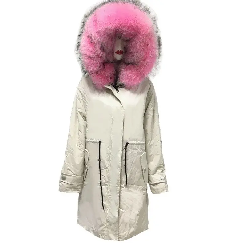 Мужское длинное пальто с воротником из меха енота красивая розовая куртка