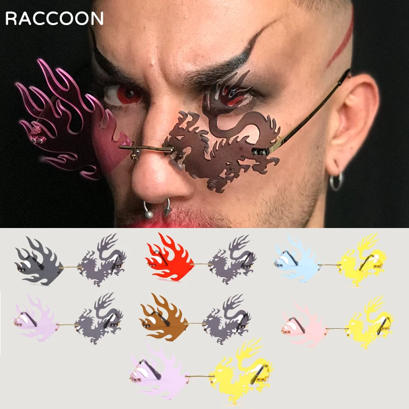 

New Chinese Long Style Dragon Phoenix Rimless Fly Wing Lens Sunglasses Women Trending Sun Glasses Men Trendy Unique Shot Eyewear