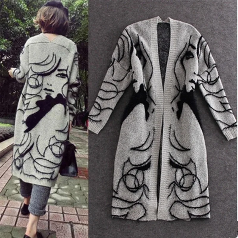 

Fashion Thick Sweater Cardigan Women's Autumn/Winter 2021 New Abstract Pattern Loose Bat Sleeve Mid-length Warm Knit Coat