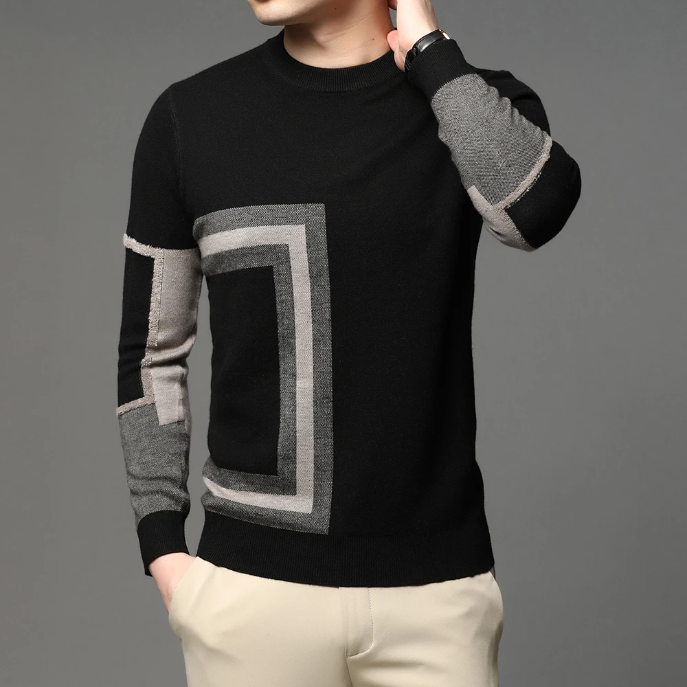 2022 new fashion high end designer brand mens knit black wool pullover sweater crew neck autum winter casual jumper mens clothes free global shipping