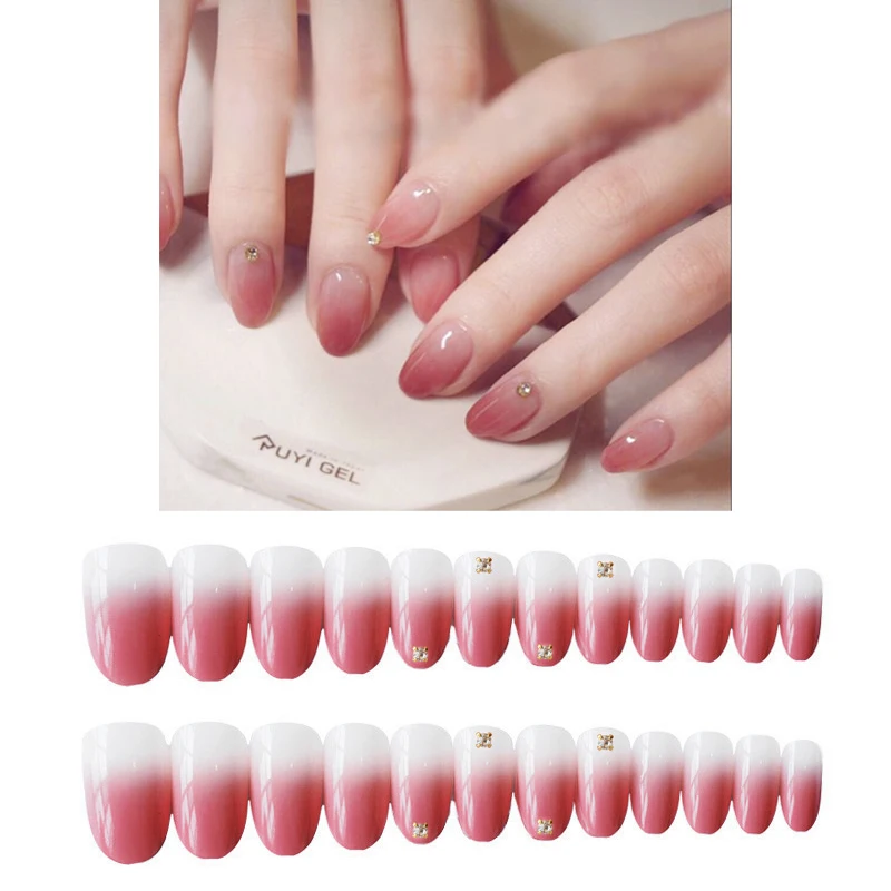 24pcs/Set Gradient Pink Fake Nails Artificial Pre-design Full Cover False Beauty Round Diamond Wedding Bride Nail Art Tips | Красота и