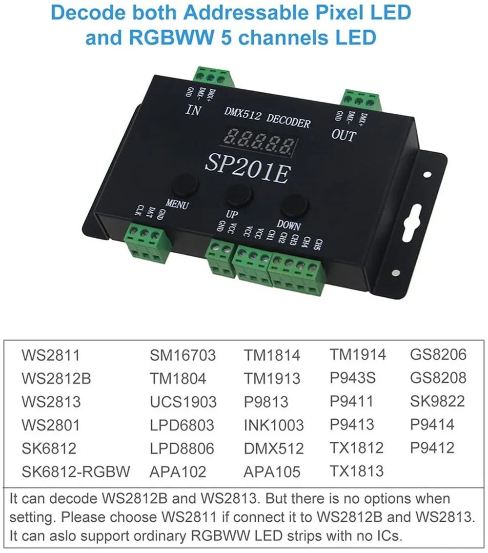 DC5V-24V DMX512 Decoder controller SP201E SPI Signal Addressable IC RGB led Pixel 5 Channel PWM Output ws2811 2812 1903 strips | Лампы и