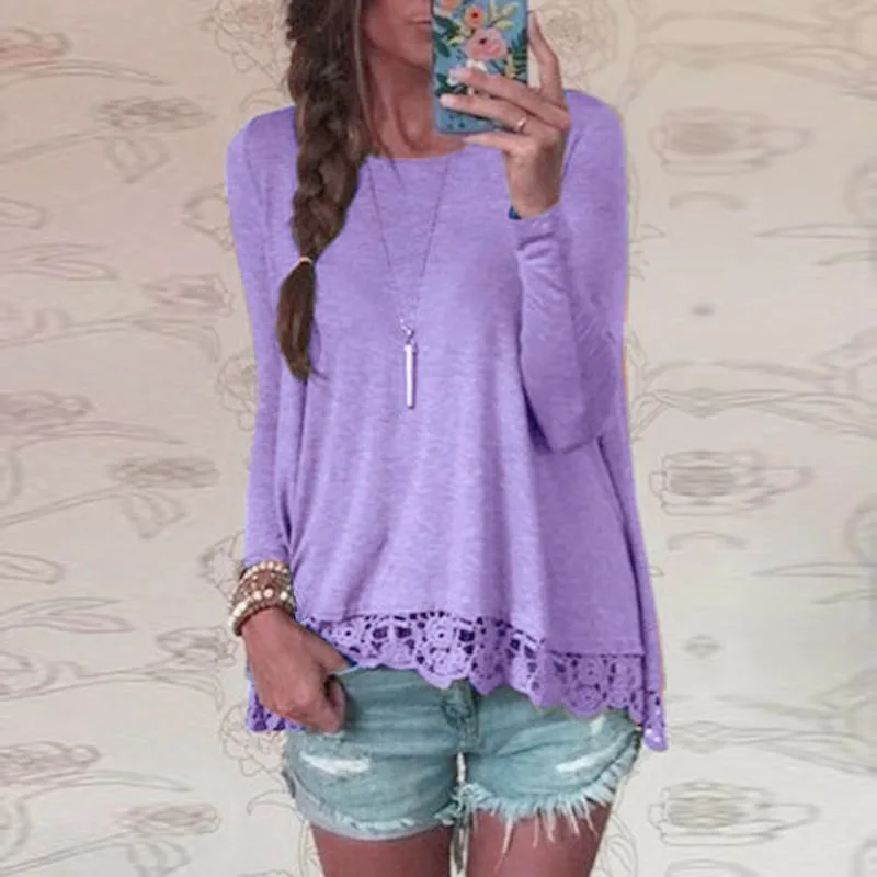 

2019 Spring Autumn Lace Bottom Long Sleeve Hem Lace Loose Solid Women T Shirt Cotton Top Green B Black Lady T-Shirts Tees 2