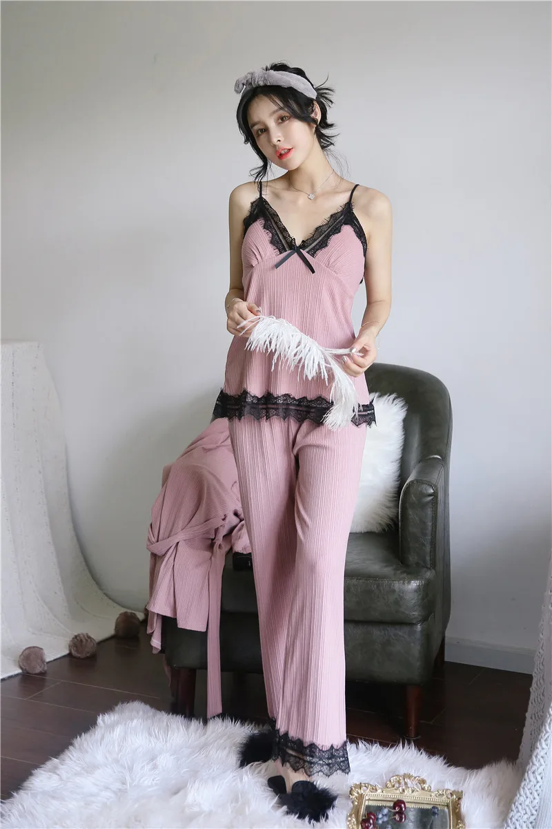 2019 женские пижамные комплекты из 3 предметов Хлопковая пижама с нагрудники на