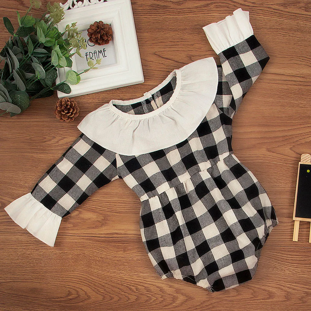 Боди в клетку с оборками и длинными рукавами для маленьких девочек боди