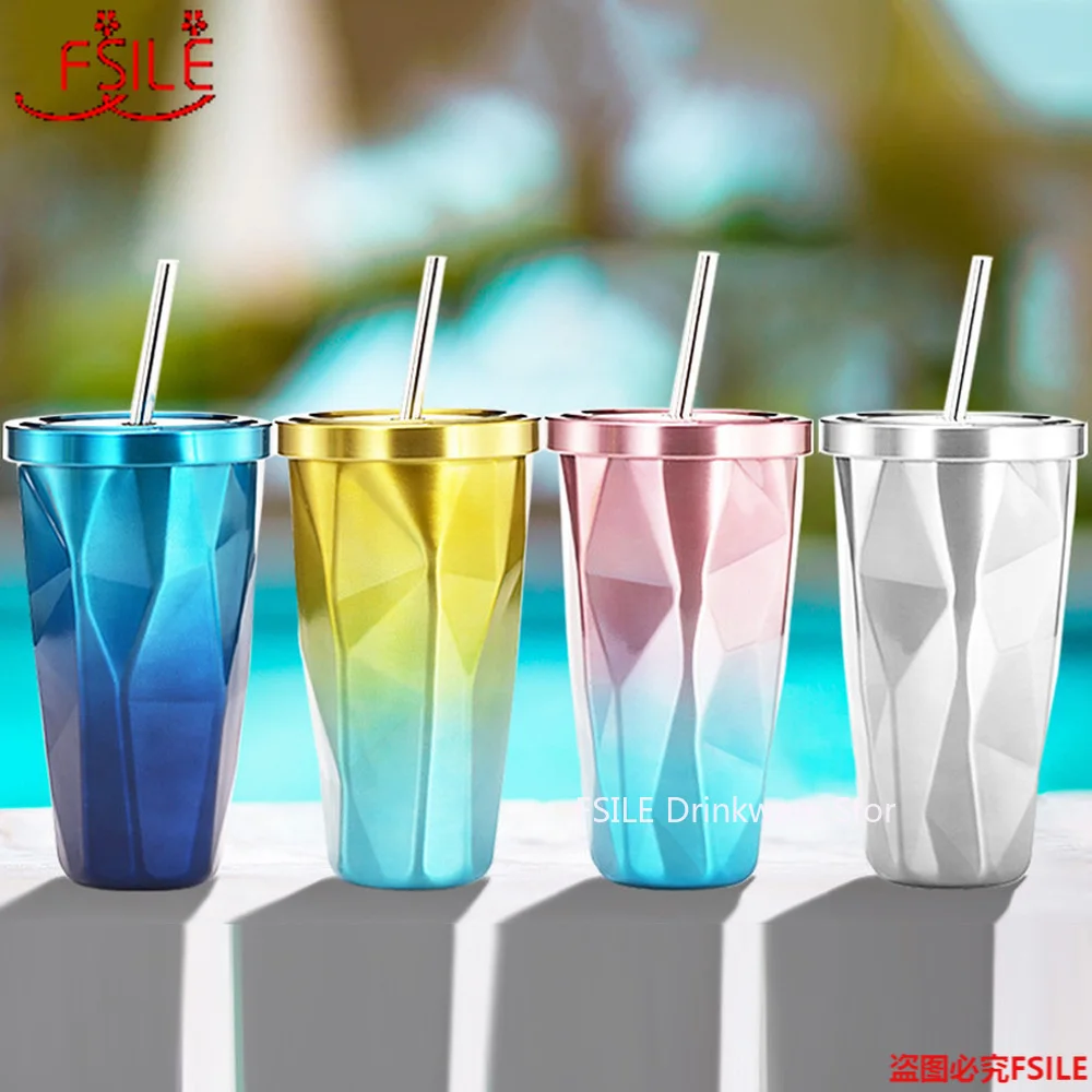 

0.5 L water bottle Mugs Irregular Double Wall Stainless Steel Cups Big Travel Beach Rainbow Ice Wine Cup with Lid Straws Bottles
