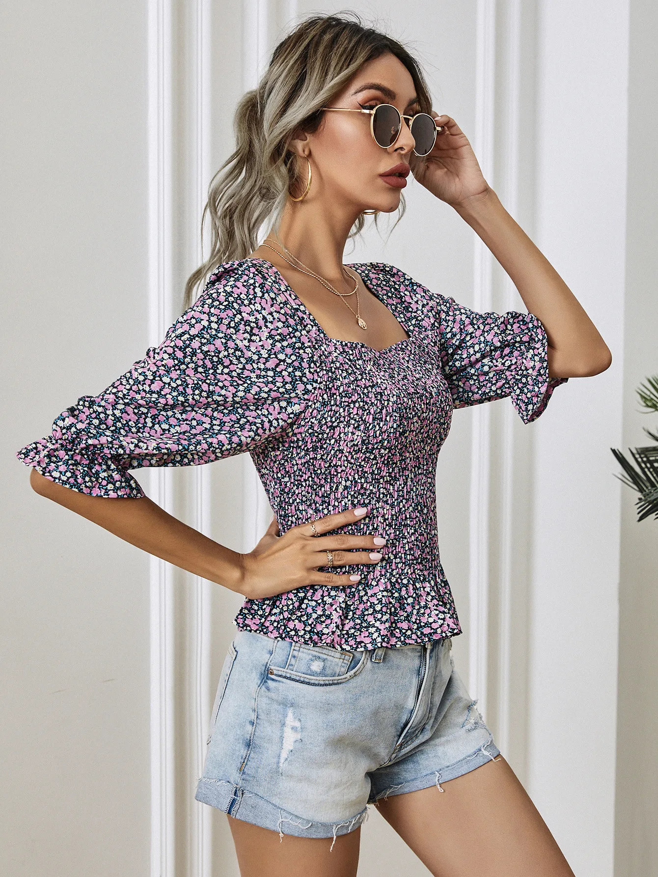 

Donsignet Fashion Women's Blouse New Casual Square Neck Pullover Floral Print Sexy Waist Plus Size Three-quarter Sleeve Blouse