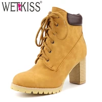 wetkiss autumnwinter classic motorcycle boots ankle high heels non slip rubber ladies lace up round toe shoes 172 9