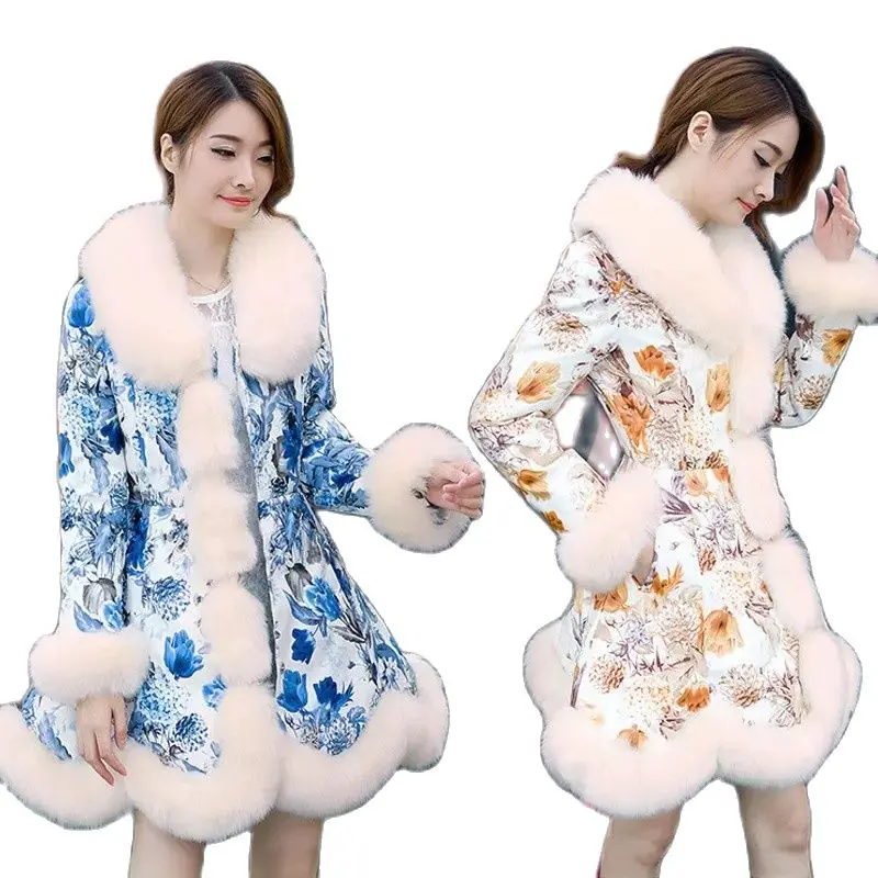 

Elegant Printing Keep Warm Women's Coat Winter Clothes Imitate Fox Hair Imitate Rabbit Hair Fur Down Cotton Ladies Jacket