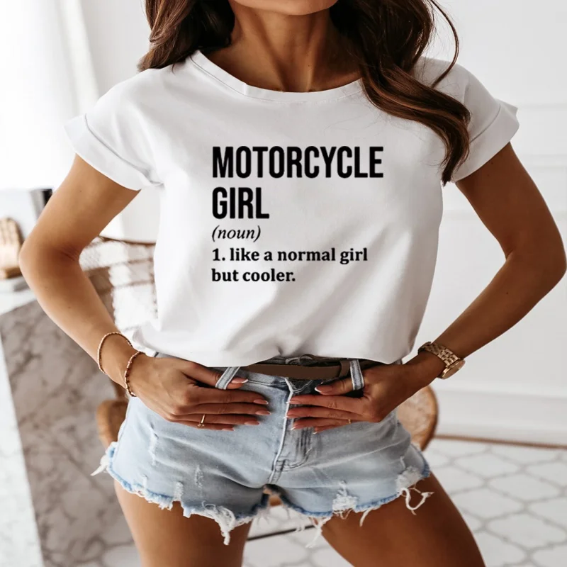 

Женская летняя футболка с коротким рукавом и принтом в виде мотоцикла