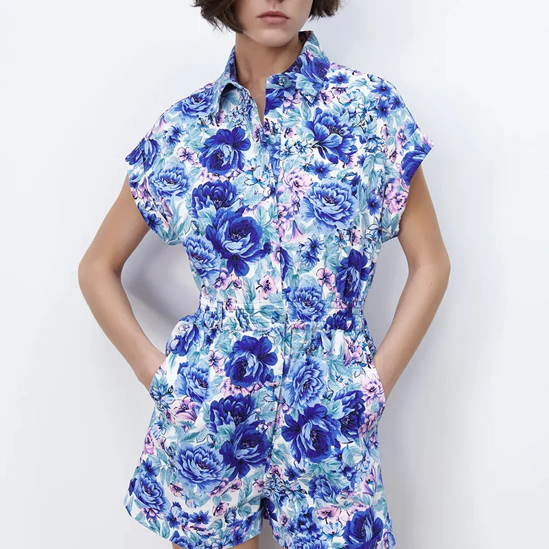 

New Summer Women's Flower Printed Jumpsuits Short Sleeve Slim Elegant Playsuits Vogue Retro Vintage Rompers