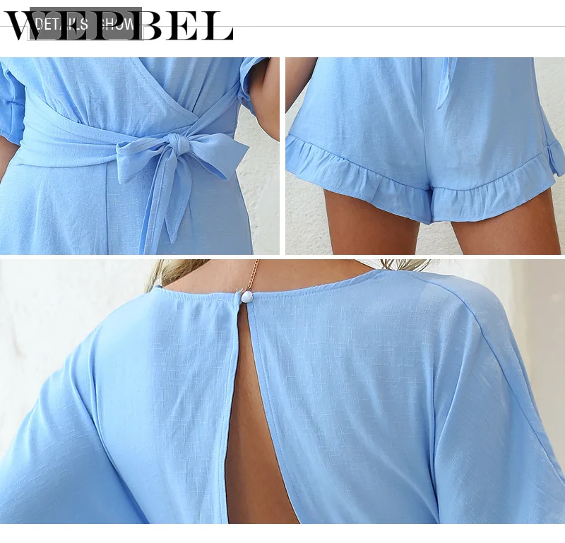 

WEPBEL Women Summer Playsuit Casual Short Sleeve V Neck Halter Ruffles Short Jumpsuit Bandage Romper Overalls