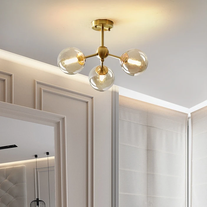 Lámpara de araña LED de cobre moderna para comedor, iluminación de vidrio, dormitorio, bola de vidrio cognac, lámpara colgante nórdica para sala de estar y restaurante