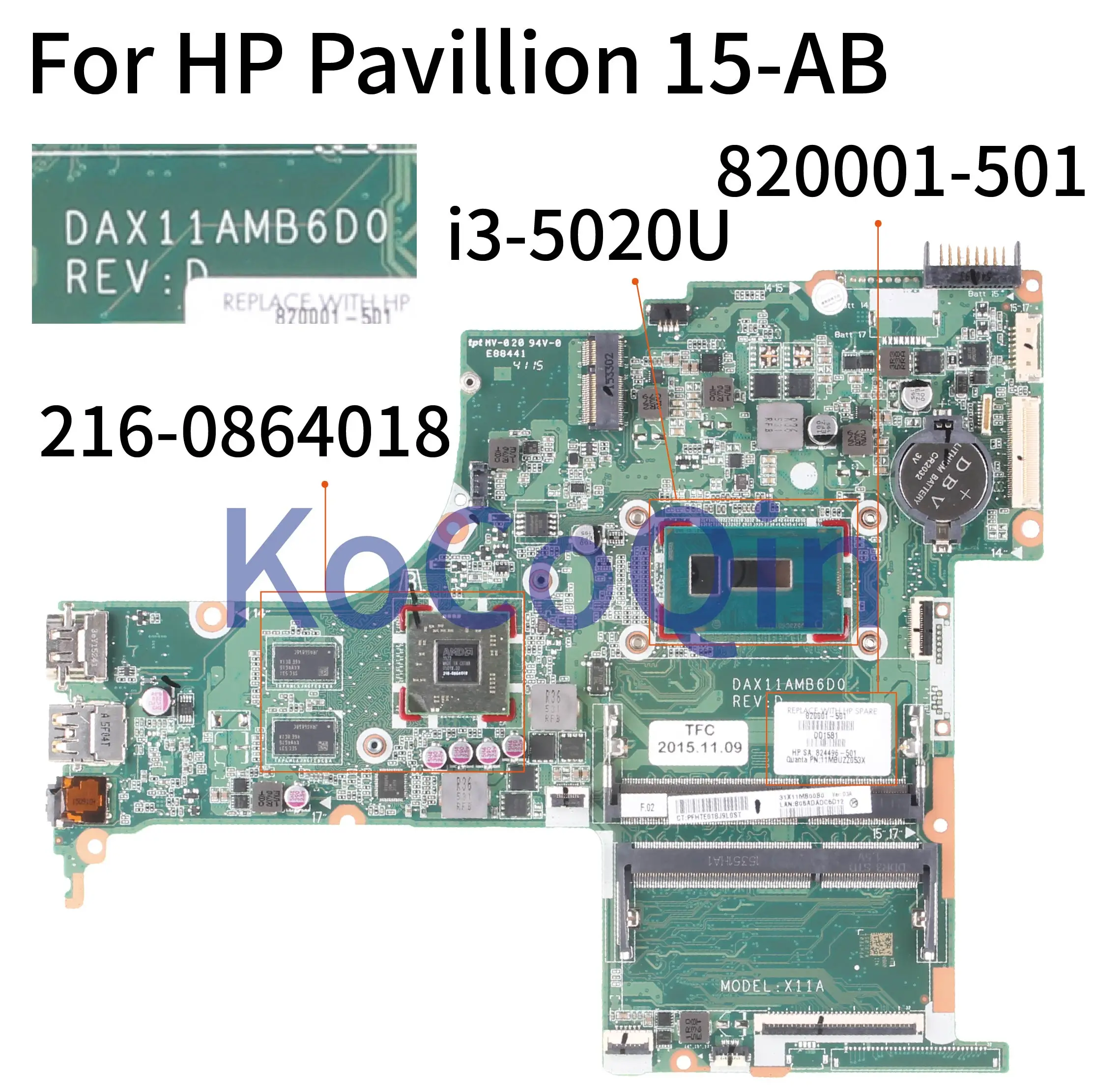 KoCoQin материнская плата для ноутбука HP Pavilion 15-AB 15T-AB I3-5020U SR240 материнская плата DAX11AMB6D0 820001-501 820001-601 216-0864018