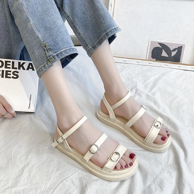 

Women Sandals 2021 Summer Leather Buckle Strap Fashion Designer Platform Shoes Casual Flat Sandals Female Open Toe Beach Sandals