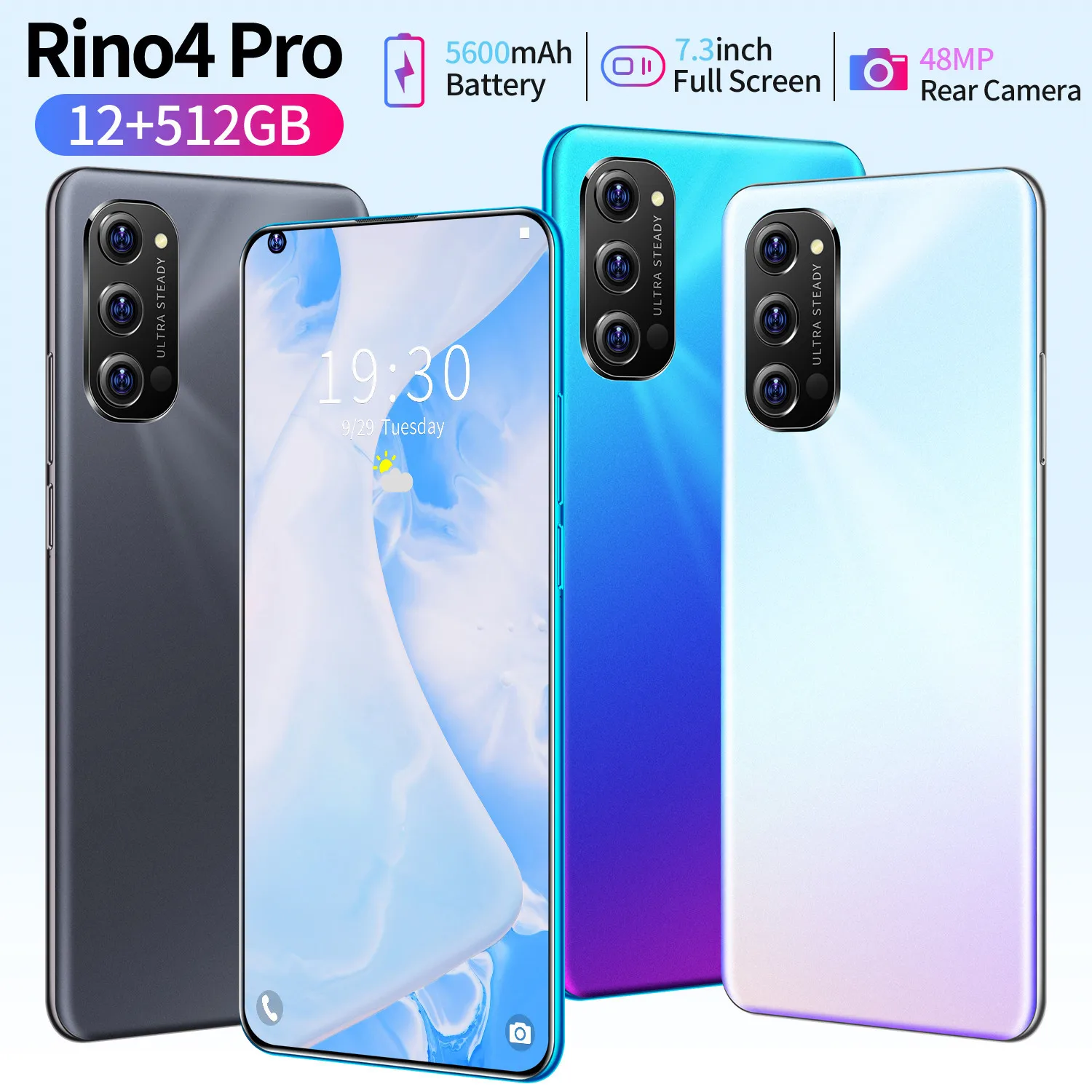 

Smartphone Global Version Rino4 Pro 7.3 Inch Water Drops Cellphone Screen Snapdragon 855 Android 10.0 Mobile Phones 5600 mAh NFC