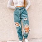 Джинсы Mom рваные женские, мешковатые брюки с завышенной талией, модные синие прямые брюки с дырками, брюки-карго с широкими штанинами для женщин