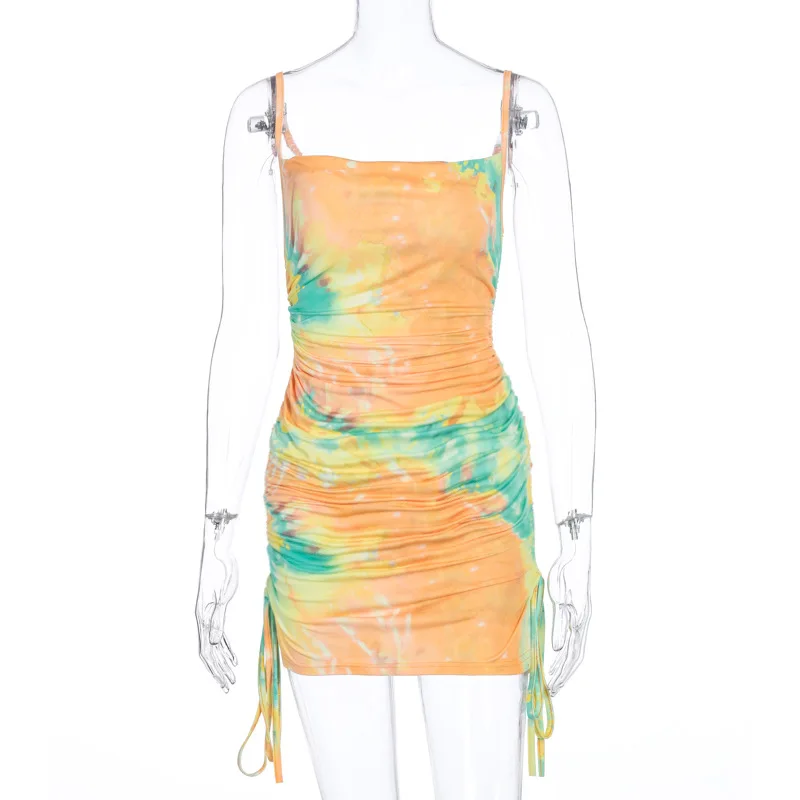 

LAISIYI Tie Dye Print Sleeveless Slash Neck Ruched Bandage Sexy Mini Dress Summer Women Fashion Streetwear Club Sundress New