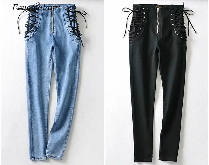 

Women High Waist Jeans Sexy Black Blue Elastic Skinny Pencil Pants Female Plus Size Zipper Wash Denim Trousers Girl
