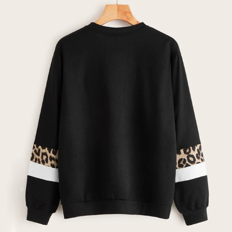 Dotfashion Black Casual Leopard Print Patchwork Sweatshirt Women Autumn Long Sleeve Sweatshirts Ladies Basic Sweatshirt