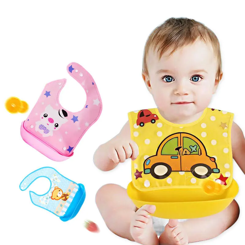 

With silicone bowl Cute Baby Adjustable BibsEVA Waterproof Sleeveless Lunch Feeding Bibs Baby Cartoon Feeding Cloth Children Bib