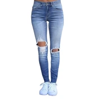 new blue ripped skinny zip jeans women mid waist stretch denim pencil pants fashion full length hole causal ladies trousers 6156
