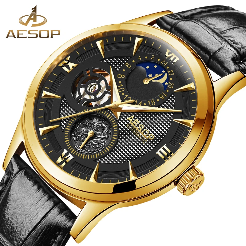 Aesop модные повседневные часы Мужские автоматические механические золотые