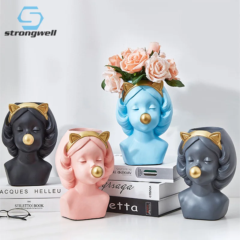 

Strongwell Nordic портрет девушки штукатурка статуя цветочный горшок Смола ремесло орнамент ваза-скульптура украшения дома свадебный подарок