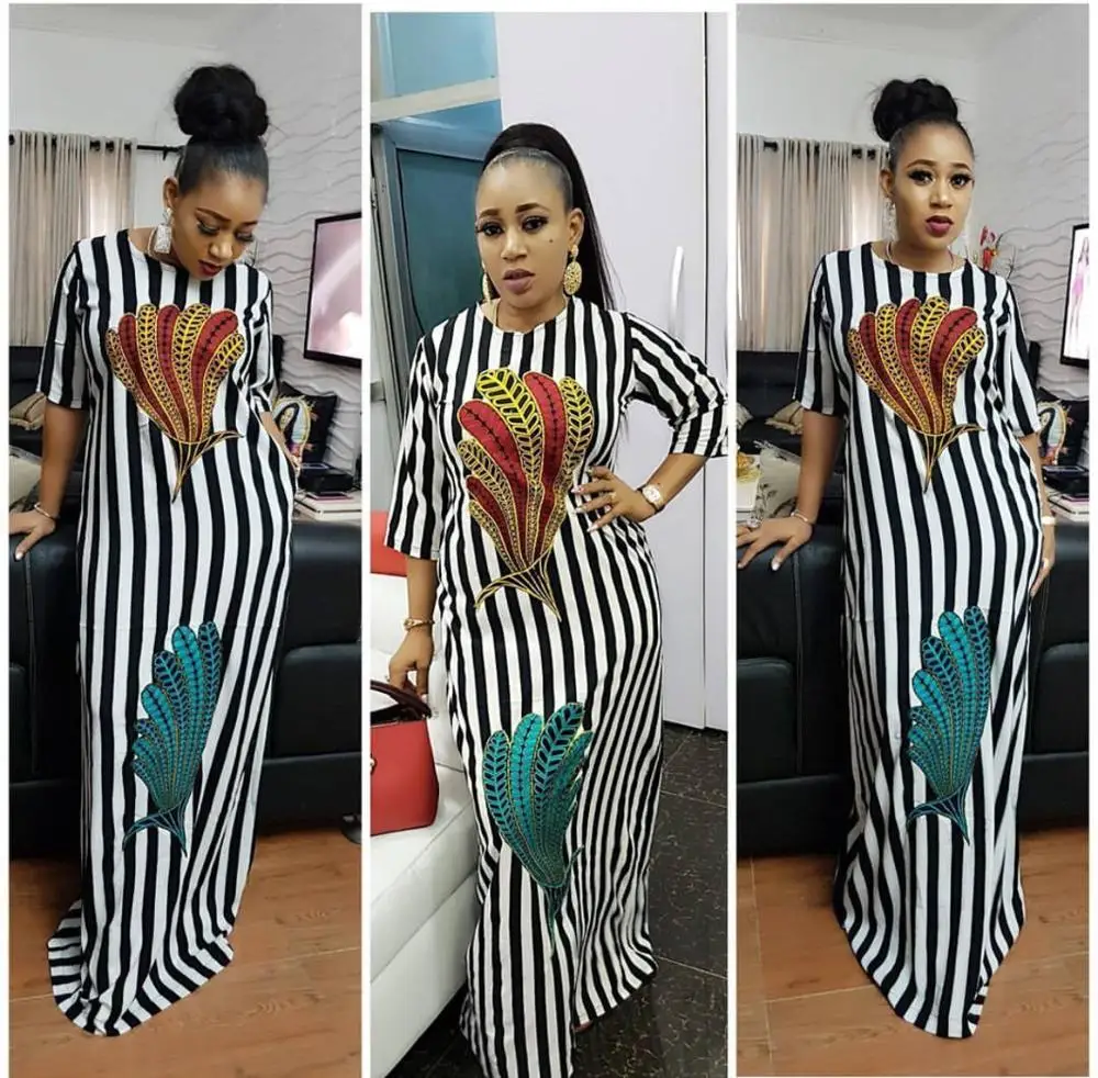 

African Design Dashiki Print Dress Striped Loose Office Gowns Elegant Bazin Maxi Robe Broder Riche Sexy Evening Party