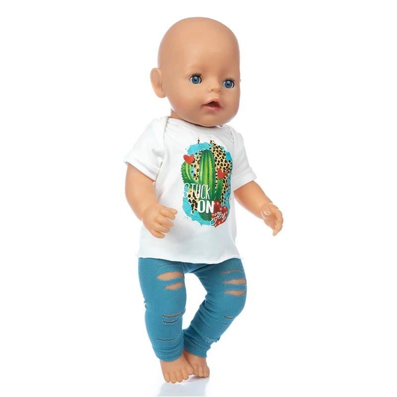 

2021 New Baby New Born Fit 17 inch 43cm Doll Clothes Accessories White Cactus Blue Ripped Pants Clothes For Baby Birthday Gift