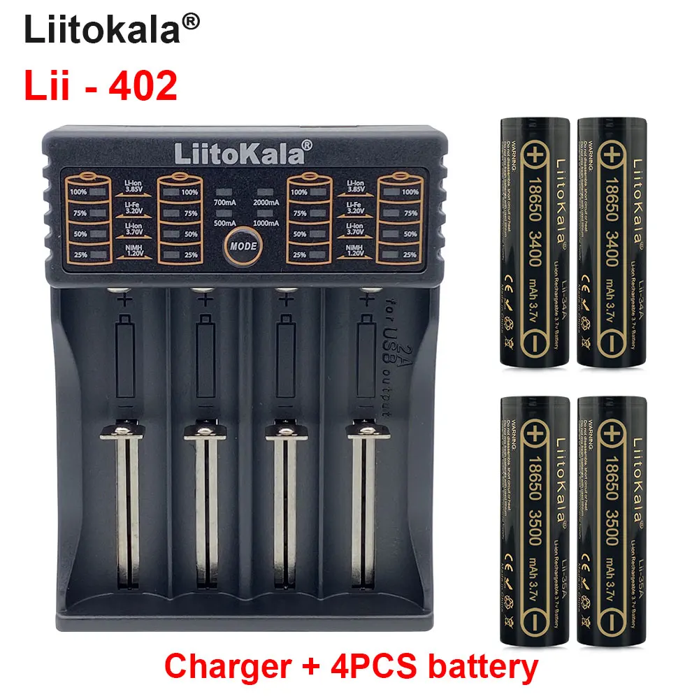 

Зарядное устройство Liitokala с USB-портом и 4 аккумуляторами Liitokala 3,7 в 18650, 3400/3500 мА · ч