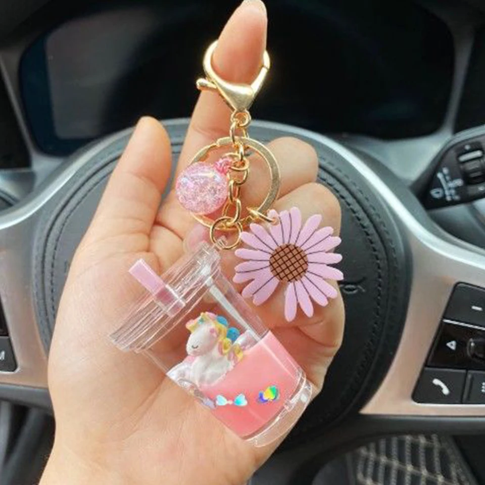 

Cute Floting Unicorn Liquid Keychain Keyring Moving Liquid Milk Tea Bottle Quicksand Key Chain Girls Women Backpack Car Keyfob
