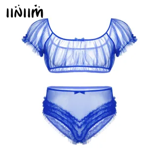 Мужские Сисси экзотические комплекты увидеть через Прозрачное нижнее белье в сетку комплект кроп-топ с открытыми плечами и Высокая Талия рюшами, нижнее белье трусы