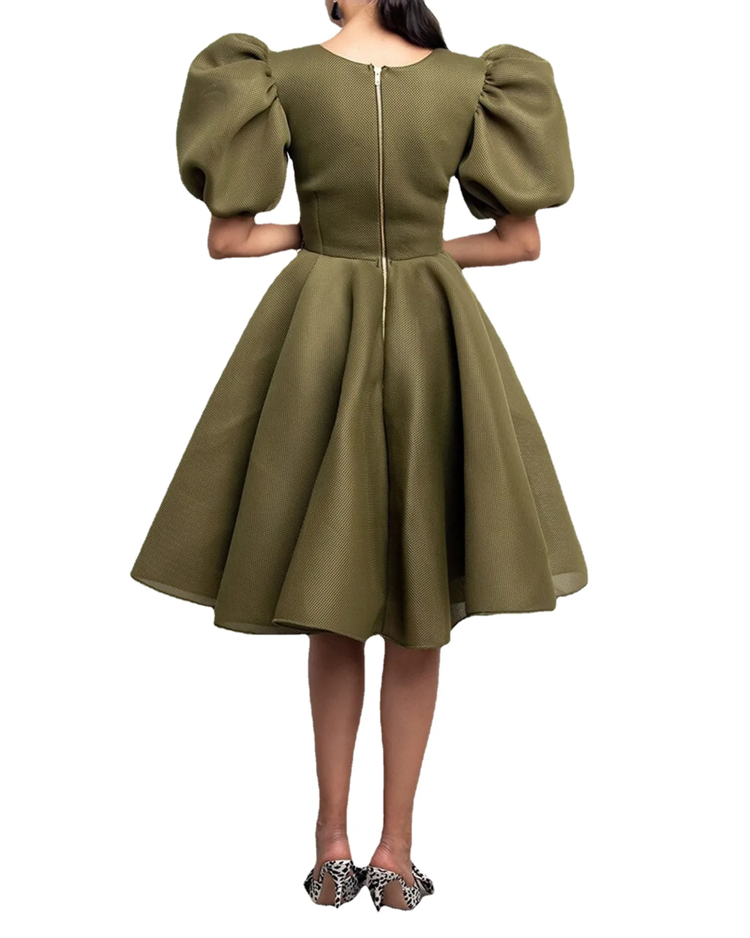 

Lantern Short sleeve Pleated Midi Dress Solid Color Temperament Commuter Slim Women FNOCE Back Zipper Summer Loose Elegant Cute