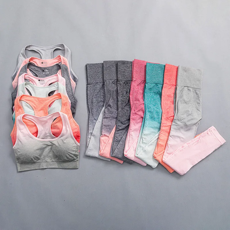 

Gradient Seamless Yoga Set 2pcs Women Clothes TrackSuit Gym Bra Fitness Crop Top High Waist Leggings Workout Sportswear 2021 New