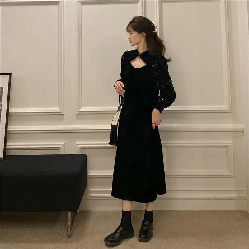 Clothing Harajpoo Female Vintage Elegant Black Sequin Stitching Velvet 2022 New Temperament Waist Harajuku Sexy Mid-Calf Dresses | Женская