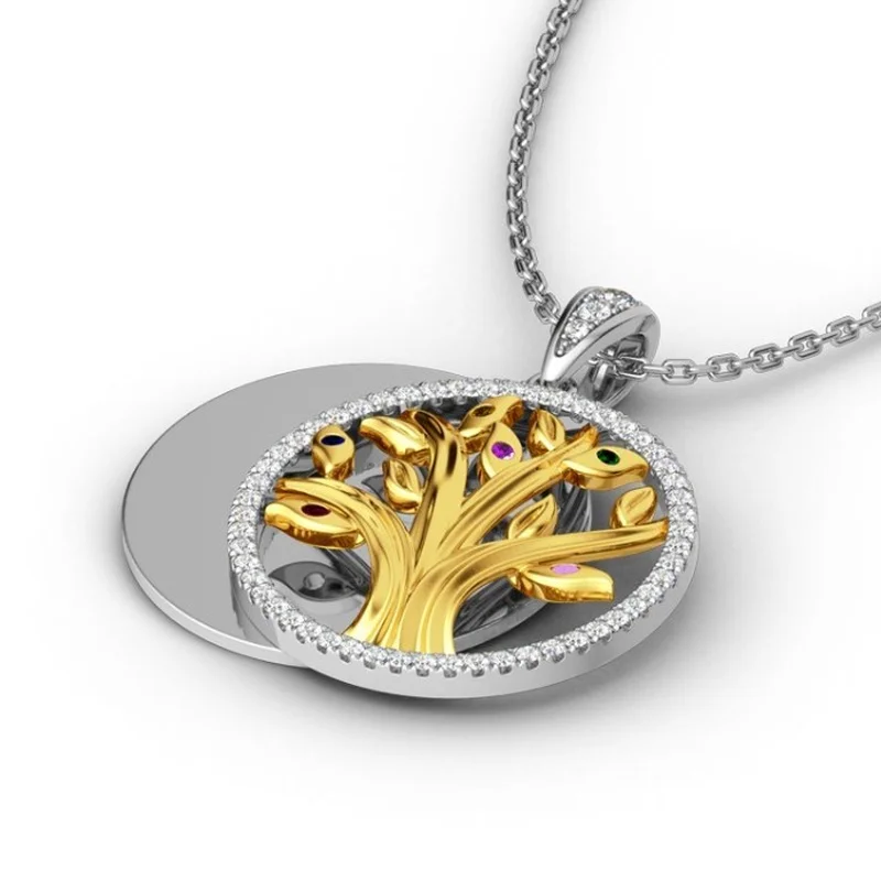 

New Geometric Circular Hollow Carved Tree of Life Multicolor Pendant Women Romantic Banquet Wedding Necklace Luxury Jewelry Gift