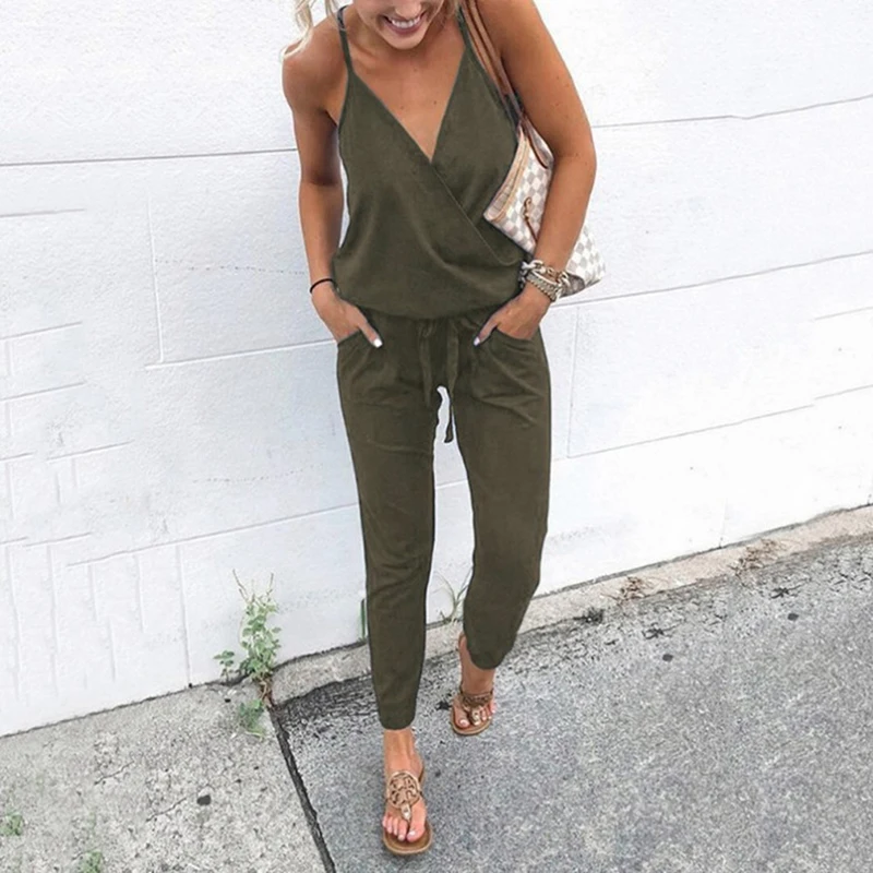 

2020 Summer Women Holiday Casual Sleeveless Jumpsuits Fashion Ladies Solid Color Bodysuit Wide Leg Loose Long Pants Trousers