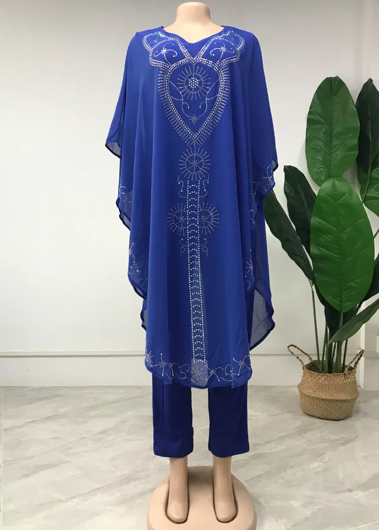 

African Clothes for Women Summer African Women White Blue Three Pieces Sets Dress Inner and Pant African Clothing