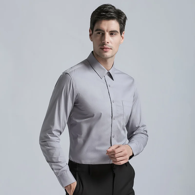 High Quality Men's Dress Shirt Brands New Fashion Formal Regular Fit Shirts Business Long Sleeve with Cufflink Solid Color Gray