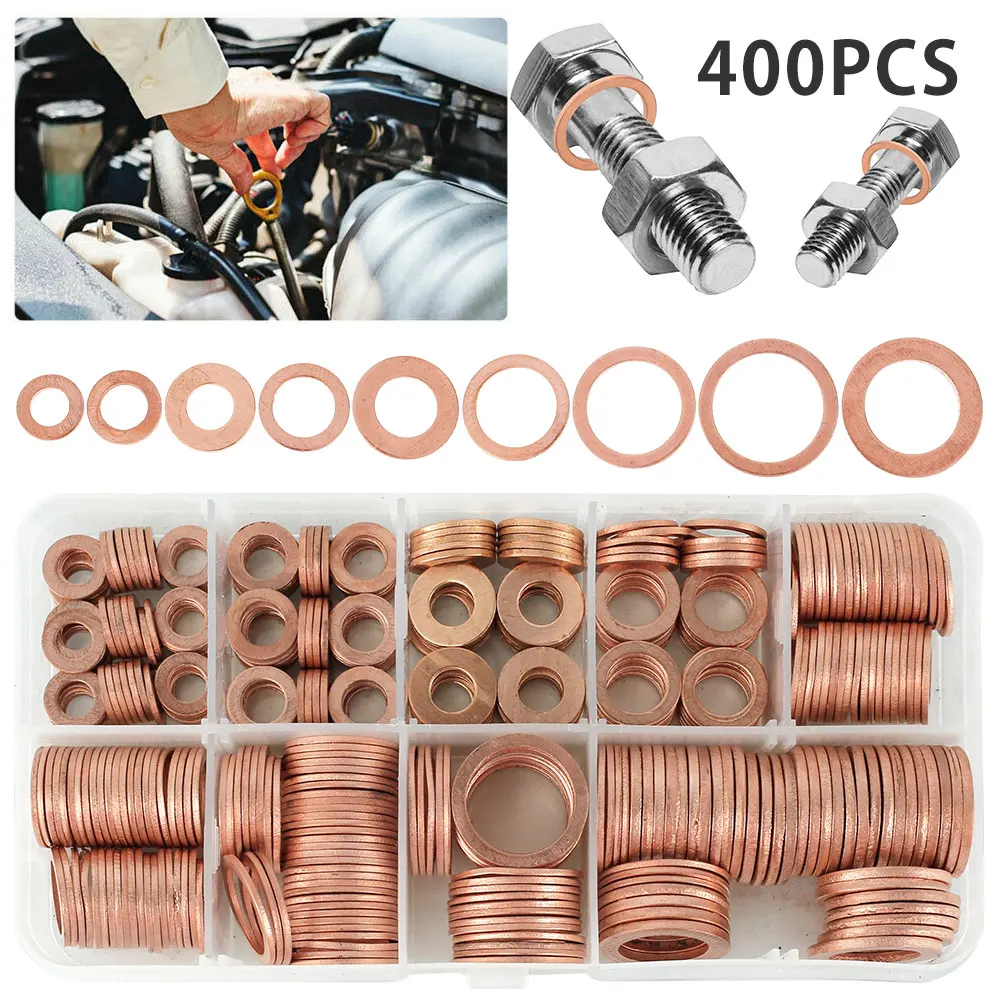 

400Pcs Copper Washers Gasket Nut and Bolt Set Flat Ring Seal Assortment for Sump Plugs Kit with Box M5-M14 O Ring Copper Gaskets
