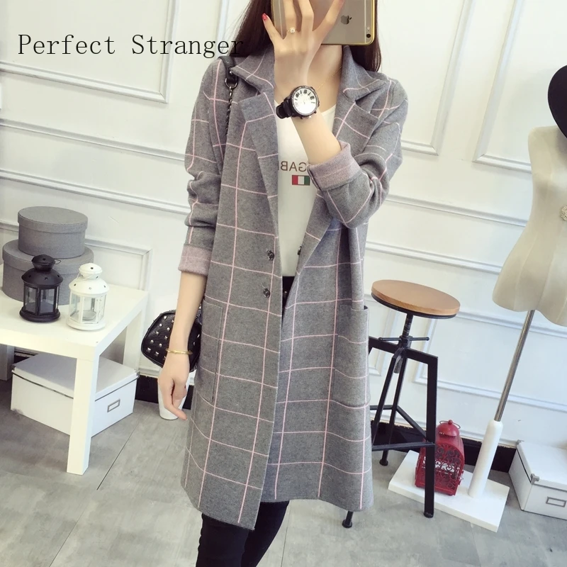 Весна 2020 Новое поступление костюм пальто стиль отложной воротник плед длинный