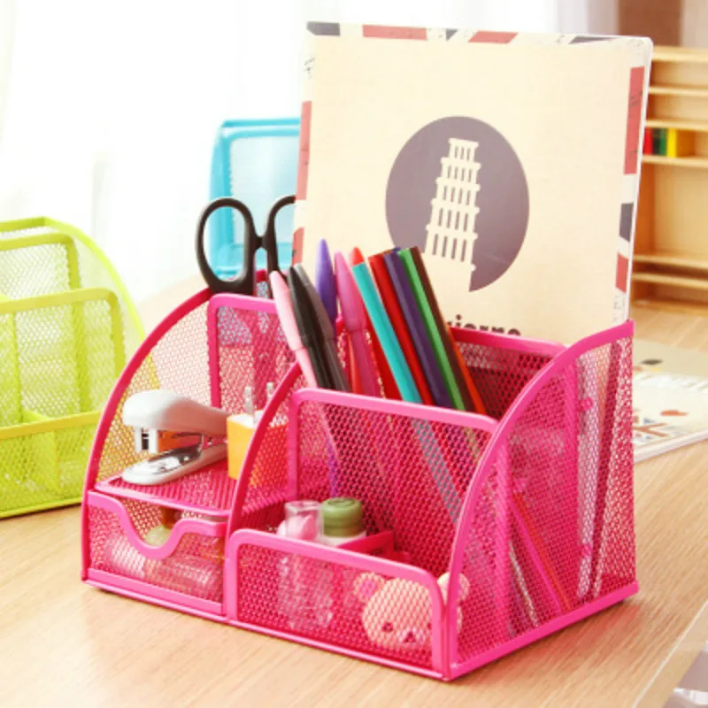 Various colors 7 Storage Multi-functional Desk Organizer Mesh Metal Pen Holder Stationery Container Office School Supplies Caddy
